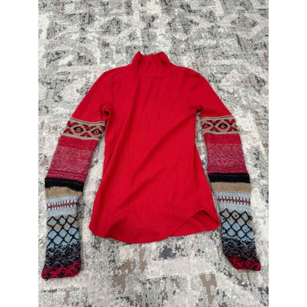 We The Free Red Waffle Knit Mock Neck Top with Patterned Contrast Sleeves Small